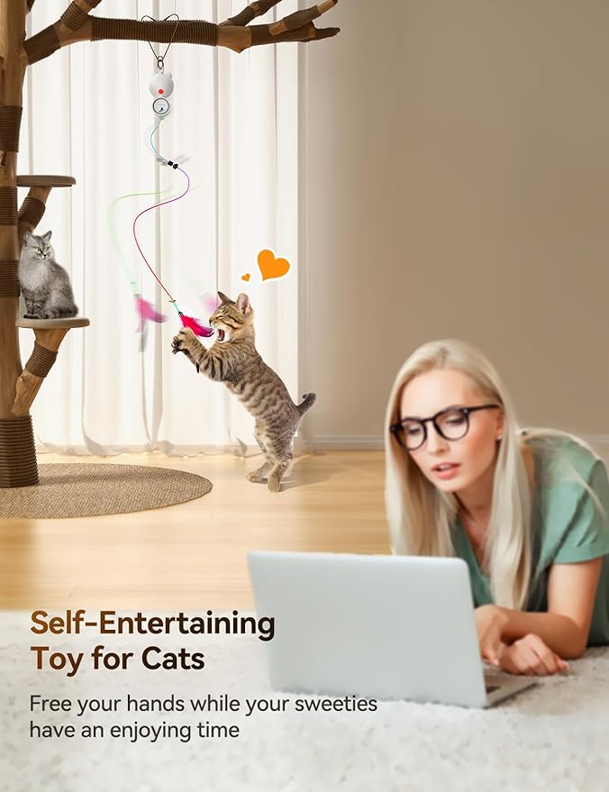 Laser Interactive Cat Toys, LED Light, 8 PCS Replacement Teaser with Bell Refills, Feather & Mouse Cats Toy, Hanging Cat Toys for Indoor Cats, for Bored Adult Kitten Exercise, Silver