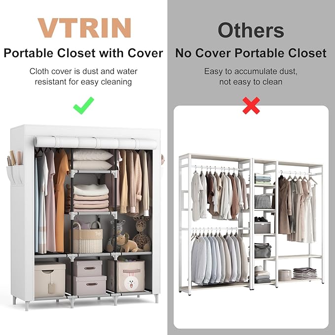 VTRIN Portable Closet Wardrobe for Hanging Clothes with 2 Hanging Rods and 8 Storage Organizer Shelves,Sturdy Large Wardrobe Closet for Bedroom Free Standing Clothes Rack with Cover,White