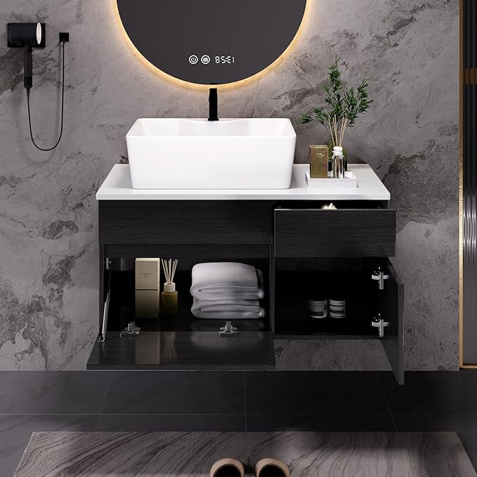 Goujxcy 31.5" Wall Mounted Bathroom Vanity with Sink, Modern Floating Bathroom Cabinet with Ceramic Sink & Storage, Wood Hanging Bath Room Cabinet with Soft-Close System (White & Black)