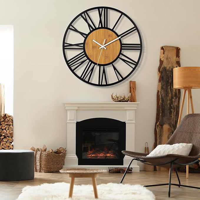 1st owned 40" Large Display Wall Clock for Home Decor - Silent,Battery Operated,Black Metal, Modern, Rustic Wood Clocks for Living Room,Farmhouse,Dining Room,Bedroom,Shop Wall Decor- Roman Numerals