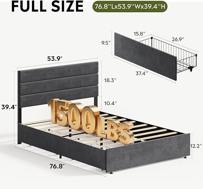 WLIVE Full Size Upholstered Bed Frame with 4 Drawers and Velvet Square Tufted Headboard, Sturdy Metal & Wooden Slats Support, No Box Spring Needed, Easy Assembly, Dark Grey