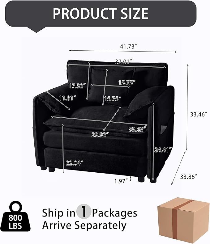 41.73" Oversized Sofa Chair, Chenille Modern Upholstered Armchair, Modular Sectional Sofa for Living Room, Deep Seat Reading Sofa for Bedroom Apartment (Black, 41.73 Inch)
