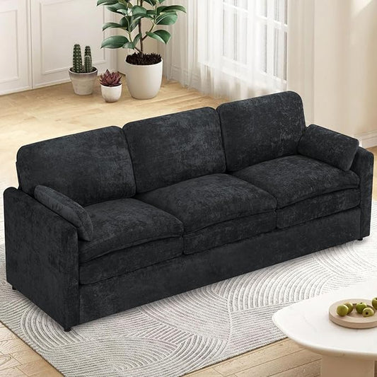 89” Chenille Sofa w/Arm Pillows, Upholstered 3-Seater Sofa w/Comfortable Back Cushions, Modern 3 Seats Couch w/High-Density Foam for Living Room, Apartment, Office, Black