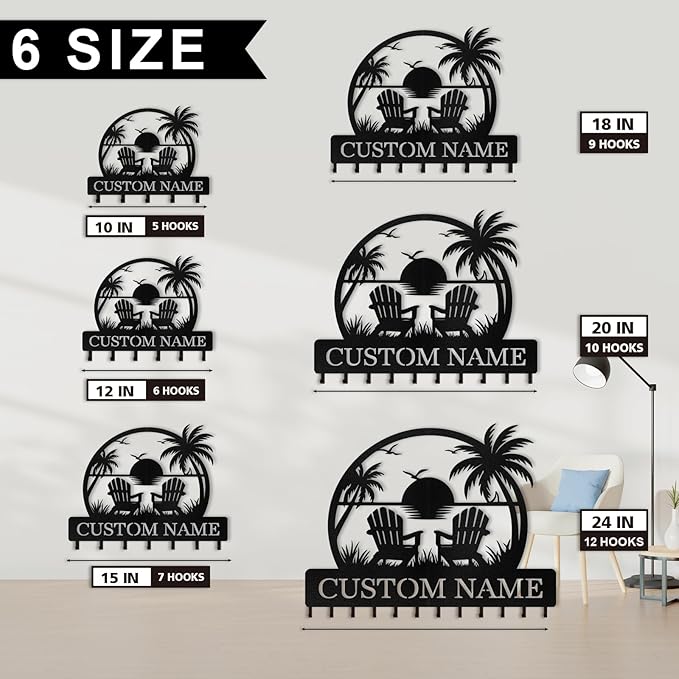 Personalized Key Holder for Wall, Beach Theme Key Holder Wall Mount with Hooks, Coconut Trees Key Hanger Wall Decor for Pool Bathroom Hallway Entryway Office, Customized Home Decor Gifts Color06