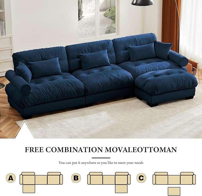 130" Oversized L Shaped Sectional Sofa, 3 Seater Modular Velvet Cloud Couch with Ottoman, Blue Large Fluffy Couch Set for Living Room