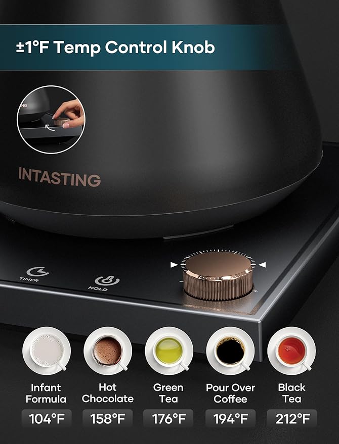 Electric Kettle, Gooseneck Electric Kettle, ±1℉ Precise Temperature Control, Stainless Steel Interior, Quick Heating for Pour Over Coffee, Tea & Boiling Water, 0.9L (Matte Black)