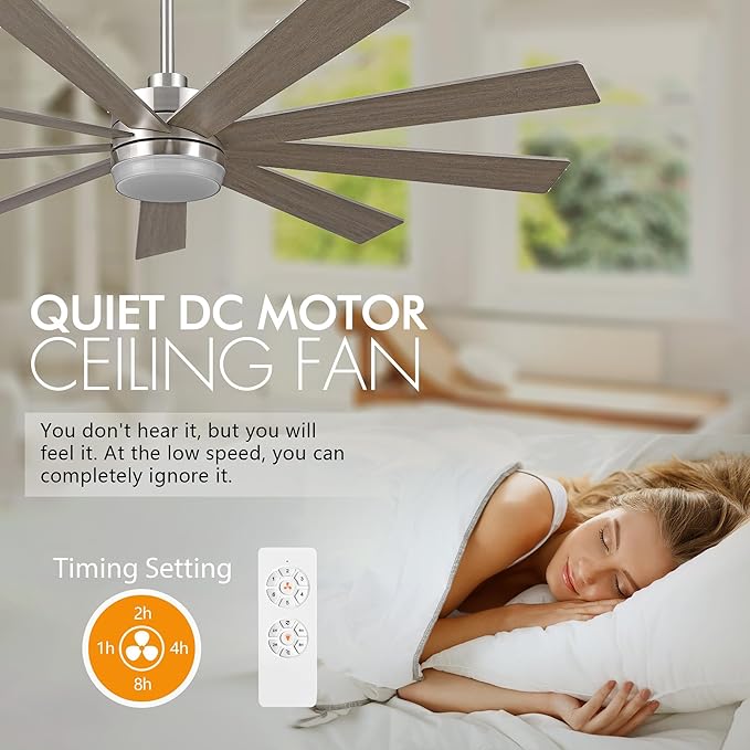 64" Ceiling Fan with Light, 6-Speed Remote Control, Reversible DC Motor, Modern 9 Blades with 4.5"/12" Downrods for Home or Commercial Silver/Wood Color