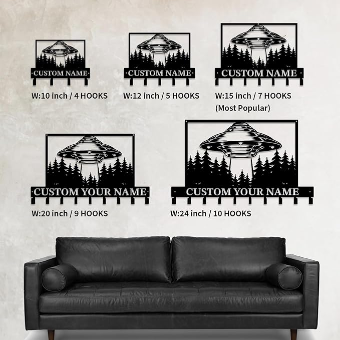 Personalized Custom Alien UFO Metal Wall Keys Hooks,Clothes Hooks Alien ET Art Coat Racks,Door Holder,Black Alien UFO Decorations for Home,Entrance Doors,Hallway, Bedroom,Keys,Hats (Style G)