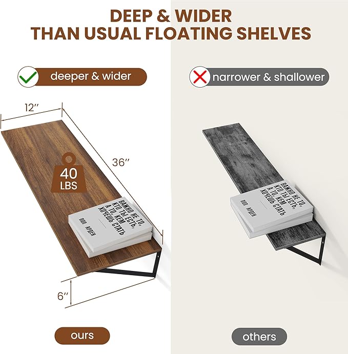 Heimlove 12 Inch Deep Floating Shelves for Wall, 36W x 12D Wood Wall Shelves Set of 2, Walnut Wide Floating Bookshelf for Living Room, Kitchen, Office, Bedroom, with Black Metal Bracke - Walnut