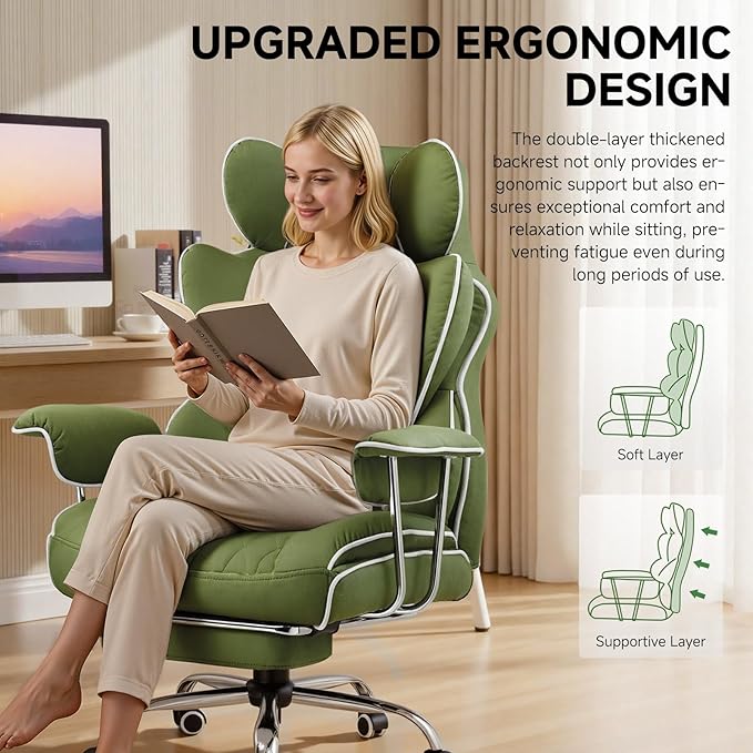 COMHOMA Big and Tall Gaming Chair with Pocket Spring Lumbar Support, Ergonomic Office Chair with Footrest, Executive Desk Chair with Outward Fixed Soft Armrests, Computer Chair with High Back, Green