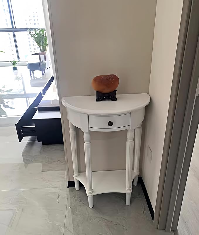 Solid Wood Console Table with Drawer, Semi-Circle Entryway Storage Shelf, Half-Moon Porch Table Side Elegant Vintage Sofa for Living Room (White (23.6" L x 11.8" W x 31.5" H))
