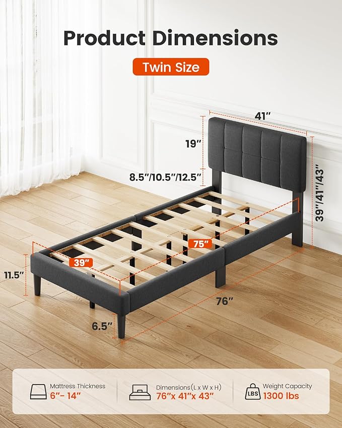 Amada Twin Platform Bed Frame with 12 Thickened Legs & Adjustable Fabric Upholstered Headboard, Solid Wooden Support 1300 Lbs Weight Capacity, No Box Spring Needed/Easy Assembly/Underbed Storage