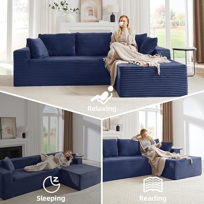 Modular Cloud Sectional Couch with L-Shape Chaise,Modern Upholstered Couches with Deep Seat,Corduroy Sponge Compressed Sofa for Living Room, Bedroom,No Assembly Required (Blue)