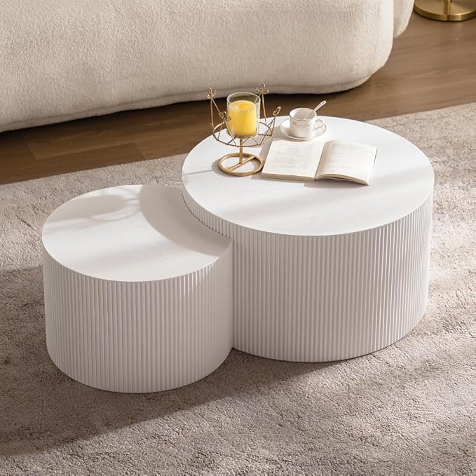 Round Nesting Coffee Table Set of 2, Round Fluted Coffee Tables for Living Room Modern Nesting End Side Tables for Small Spaces (C White)
