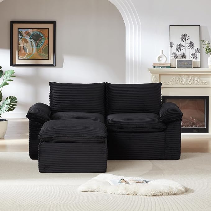 80" Cloud Sectional Couch with L-Shaped Chaise, Corduroy Sectional Sofa with Ottoman, Boneless Couch with Deep Seat in a Box for Living Room, No Assembly Required (Black)