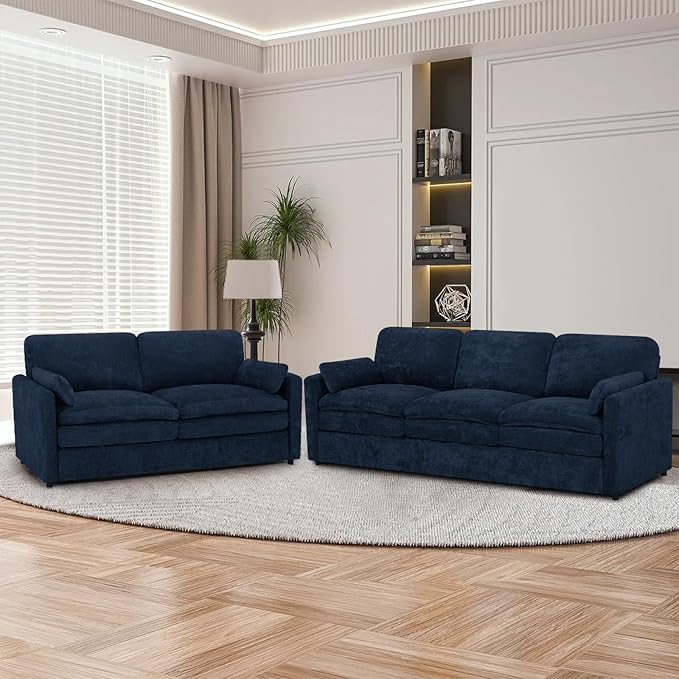 2 Pieces Chenille Sofa Set w/Arm Pillows, Upholstered Loveseat & 3 Seater Sofa w/Comfortable Back Cushions, Modern 2-Seat & 3-Seat w/High-Density Foam for Living Room, Apartment, Blue