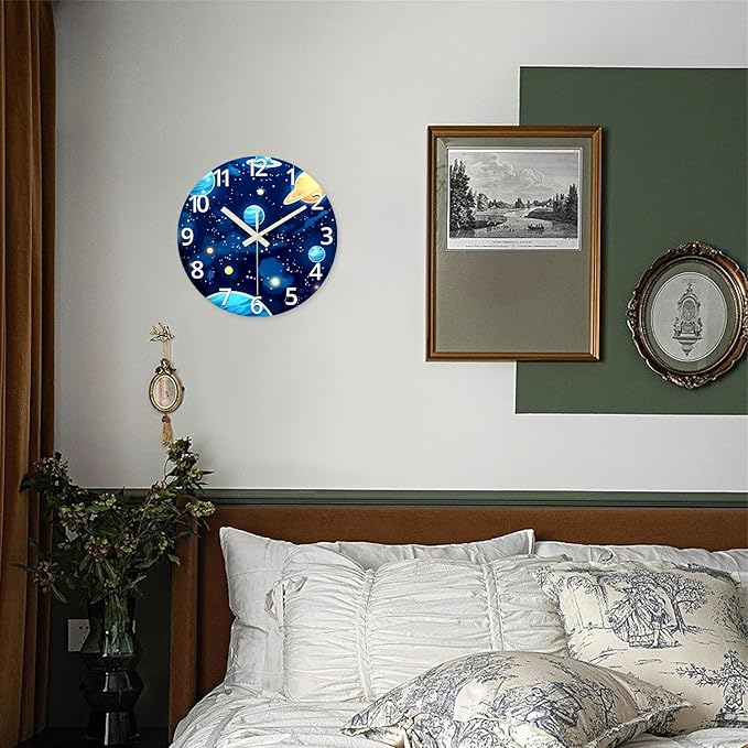 Small Glow in The Dark Wall Clocks Battery Operated 12 Inch Blue Kids Wall Clock Analog Round Silent Wall Clock Bedroom