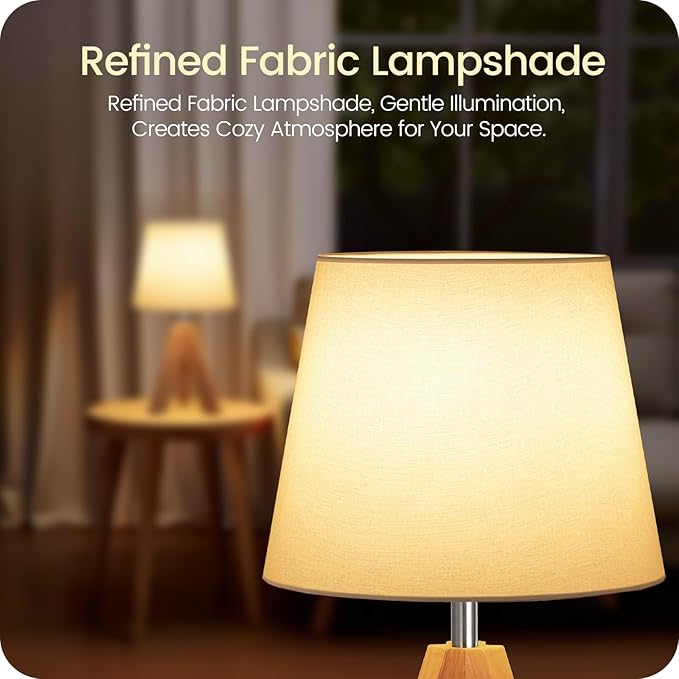 Wood Bedside Lamps Set of 2, Small Tripod Table Lamp, Modern Nightstand Lamp with Fabric Shade, Boho Bedside Wood Desk Lamp for Bedroom, Kids Room, Living Room, Study, White W51TLP205