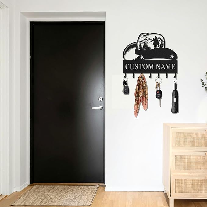 Personalized Key Holder for Wall, Custom Metal Cowboy Key Hooks with Name, Meta Jacket Holder Hooks Organizer Rack, Jacket Hanger Decor for Kitchen, Entryway, Hallway, Office, Doorway