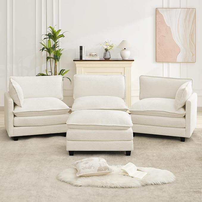 ROWHY Oversized Modular Sectional Couch with Movable Ottoman, 112" Modern Convertible L Shaped Sofa Set, 4 Seat Comfy Cloud Couch with 2 Throw Pillows, for Living Room and Office, Chenille, Beige