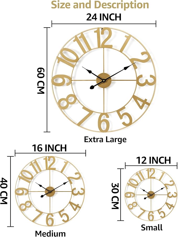 Sorbus 24-Inch Large Wall Clock – Decorative Gold Metal Clock with Black Hands – Silent, Battery Operated, Modern Wall Decor for Living Room, Kitchen, or Office – Great Gift for Housewarming or Office