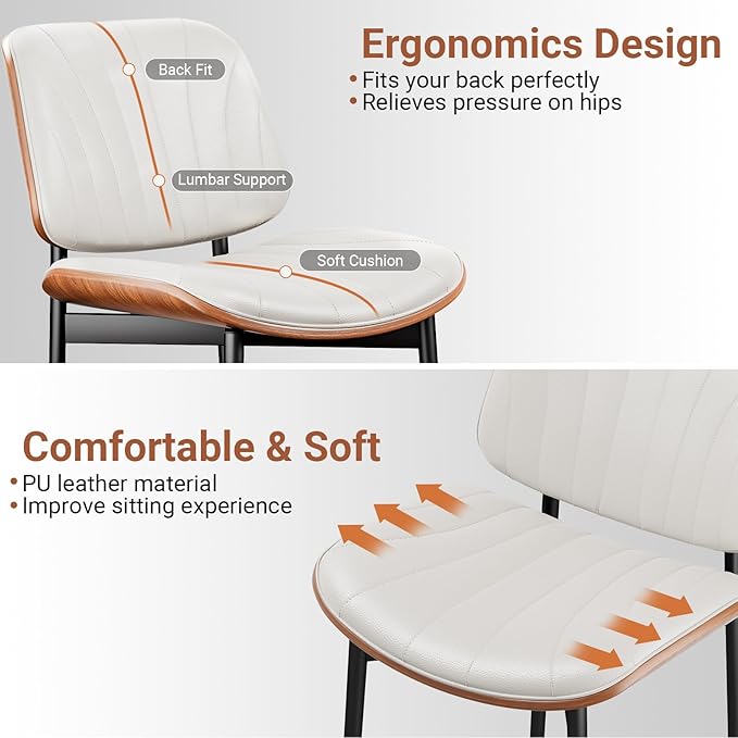 Dining Chairs Set of 6, Dining Room and Kitchen Chairs, Mid Century Modern Accent Chair, Upholstered PU Leather Chairs for Vanity with Walnut Bentwood and Metal Legs, Beige