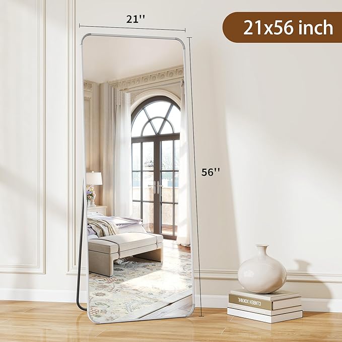 BEAUTYPEAK Silver Full Length Mirror, 56"x21" Rounded Corner Floor Mirror Standing Hanging or Leaning Against Wall, Suitable for Bedroom or Dressing Room