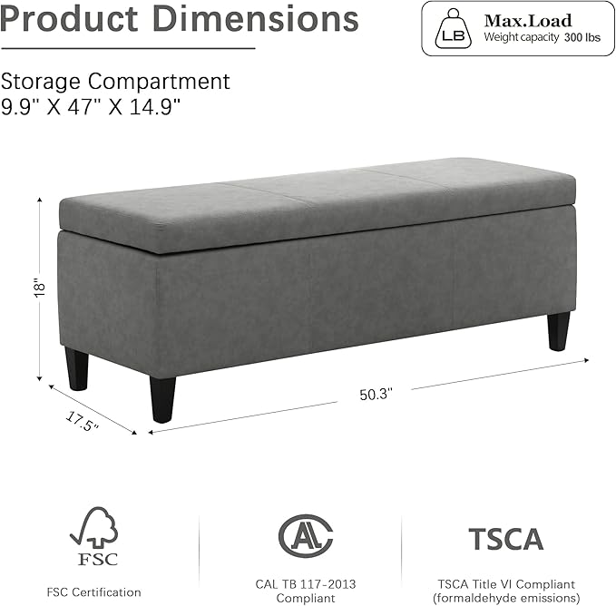 HUIMO Faux Leather Storage Ottoman Bench 50.3 Inch Extra Long PU Upholstered Bedroom Bench with Large Storage Space for The Living Room, Entryway, Bedroom Hold Up to 300lbs (Grey)