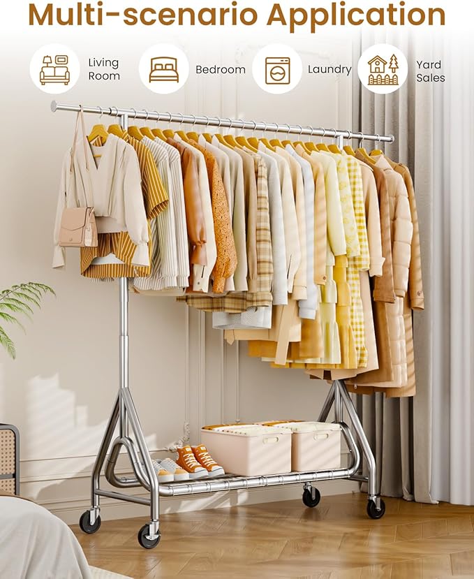 Heavy Duty Garment Rack, Metal Clothes Rack Load 450 LBS, Rolling Clothing Racks for Hanging Clothes with Lockable Wheels, Wardrobe Closet Coat Racks for Bedroom, Silver