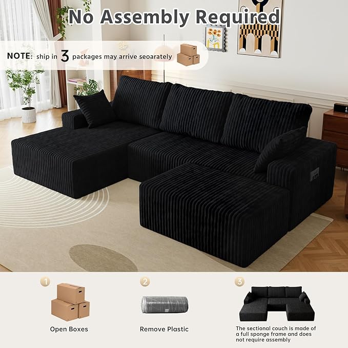 108" U Shaped Sectional Couch with Ottoman, Corduroy Modular Sectional Sofa with Deep Seat, Modern Modular L-Shape Sofa Couch with Chaise,Upholstered Boneless Couches for Living Room Bedroom