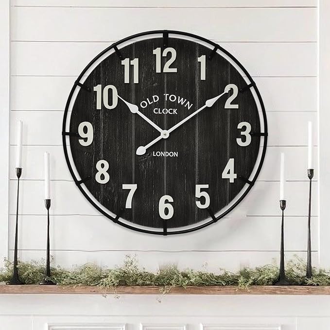 Large Old Town Farmhouse Black Wall Clock 24 Inch Rustic Antique Wood with Metal Circle and Large Numerals Silent Battery Operated Wall Clock for Office Kitchen Bedroom Living Room