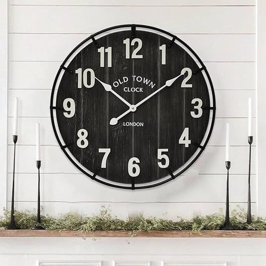 Large Old Town Farmhouse Black Wall Clock 24 Inch Rustic Antique Wood with Metal Circle and Large Numerals Silent Battery Operated Wall Clock for Office Kitchen Bedroom Living Room