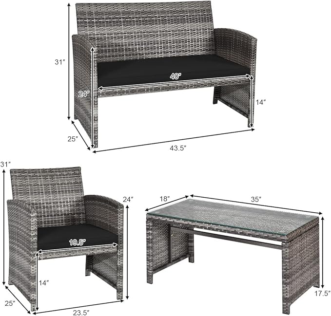 Tangkula 4 PCS Wicker Patio Conversation Set, Outdoor Rattan Sofas with Table Set, Patio Furniture Set with Soft Cushions & Tempered Glass Coffee Table for Poolside Balcony