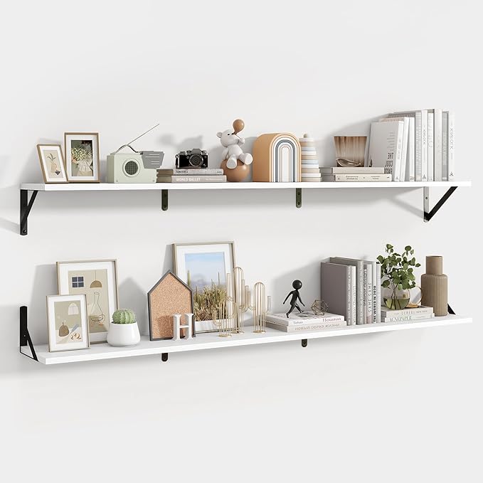 Axeman White Floating Shelves for Wall 55 Inch | 55W x 8D Rustic Wood Floating Shelves Set of 2 | 8" Deep Wall Shelves for Bathroom Kitchen Living Room | Bookshelf Display Shelves - White
