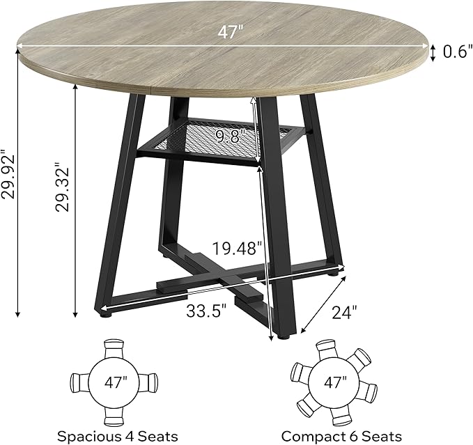 Round Dining Table for 4-6 People,47 Inch Dining Room Table,Modern Circle Kitchen Table with Storage Shelf and Metal Legs for Dining Room,Kitchen,Grey (Table Only)