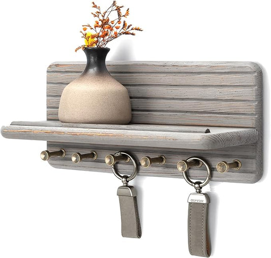 Rebee Vision Pine Wood Key Holder Wall Mount for Room Decor Aesthetic – Wooden Key Holder for Wall with 6 Hooks & Floating Shelf - Farmhouse Home Organization Accent (Distressed Gray)