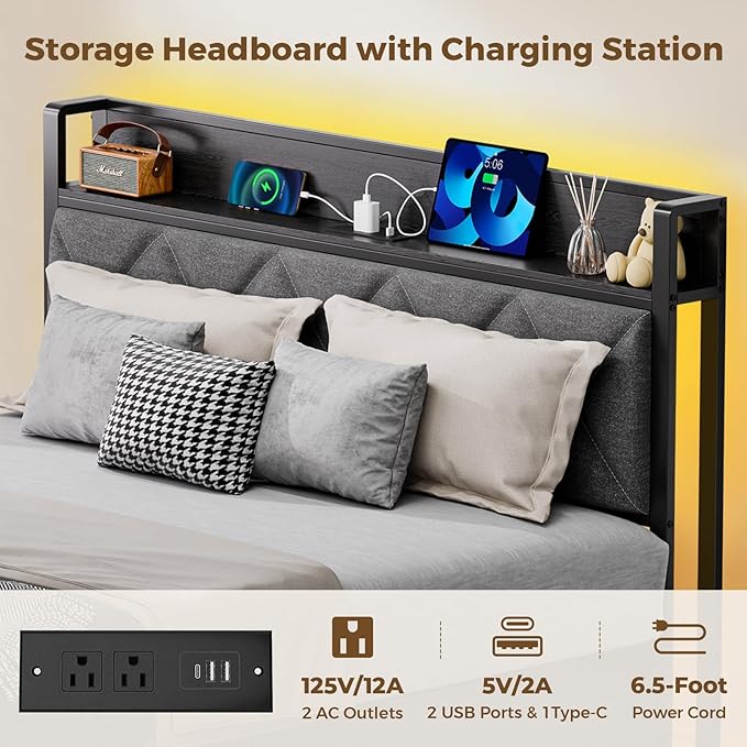 Bed Frame Full Size with Charging Station and LED Lights, Upholstered Storage Headboard with 4 Drawers, Heavy Duty Metal Slats, Noise Free, Easy Assembly, No Box Spring Needed