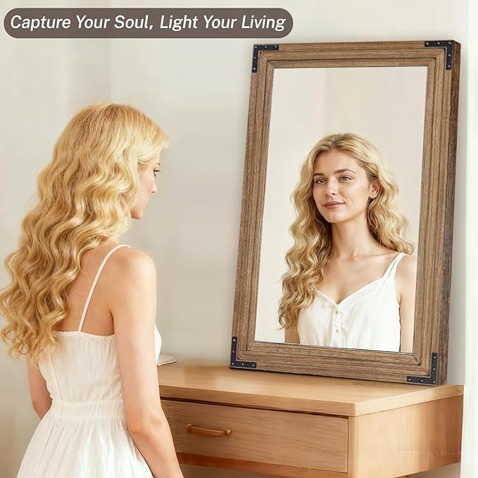 Full Length Mirror 36"x24" Solid Wood Frame Floor Standing Mirror, Hanging or Leaning Wall-Mounted for Living Room, Bedroom, Oak Color