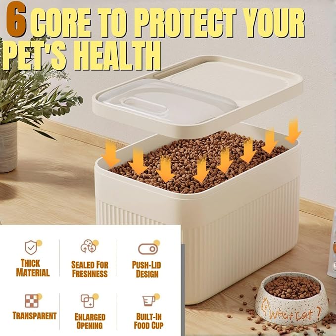 High-Capacity Pet Food Container Airtight with Cup, Dog Food Storage Container,Durable Design for Dog/Cat/Bird Food Storage, Keep Dry Food Fresh (Transparent, 30 pounds)