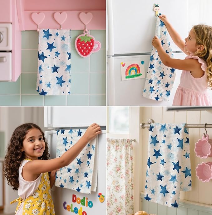 2-Pack Watercolor Star Towel, Star Waffle Towels, Nursery & Bathroom Hand Towel, 16x24 Inch Blue & Green Dish Tea Towel Decor for Kitchen & Nursery & Bathroom, Gift For Friends & Homeowners.