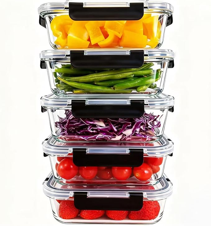 5-Pack Borosilicate Glass Food Containers 35oz, Airtight BPA-Free Meal Prep Containers with Locking Lids, Oven, Microwave & Dishwasher Safe Storage Set