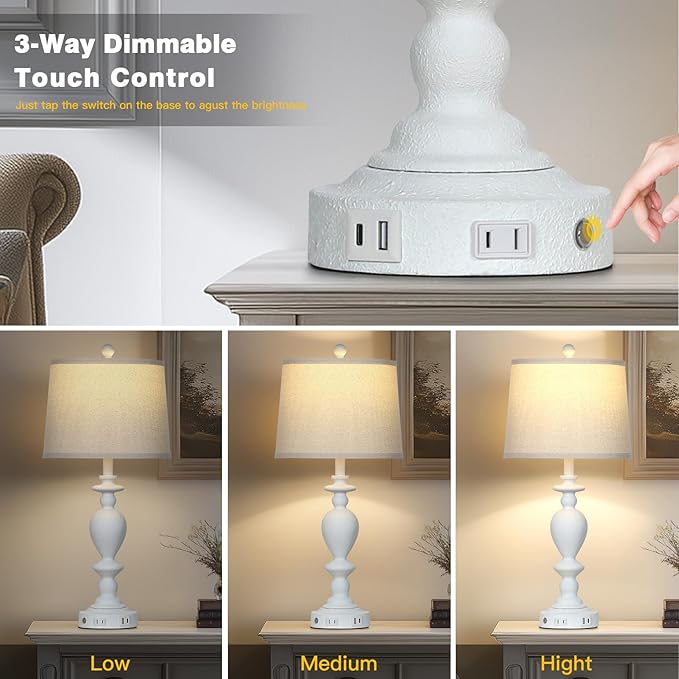 28" White Farmhouse Table Lamps Set of 2 with USB C+A Ports & AC Outlet for Vintage Living Room Rustic Bedroom,3-Way Dimmable Touch Lamp Retro Resin Bedside Lamps for Nightstand Side Table