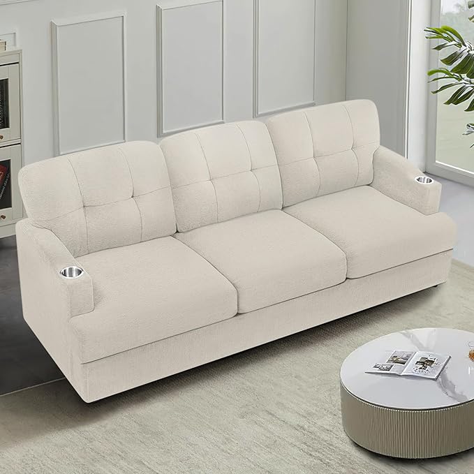 89" Chenille Modern Sofa with Cup Holder, Tufted Upholstered Couch with Thickened Cushions, Comfy 3 Seater Sofa with Deeper Seat for Living Room, Apartment,Beige