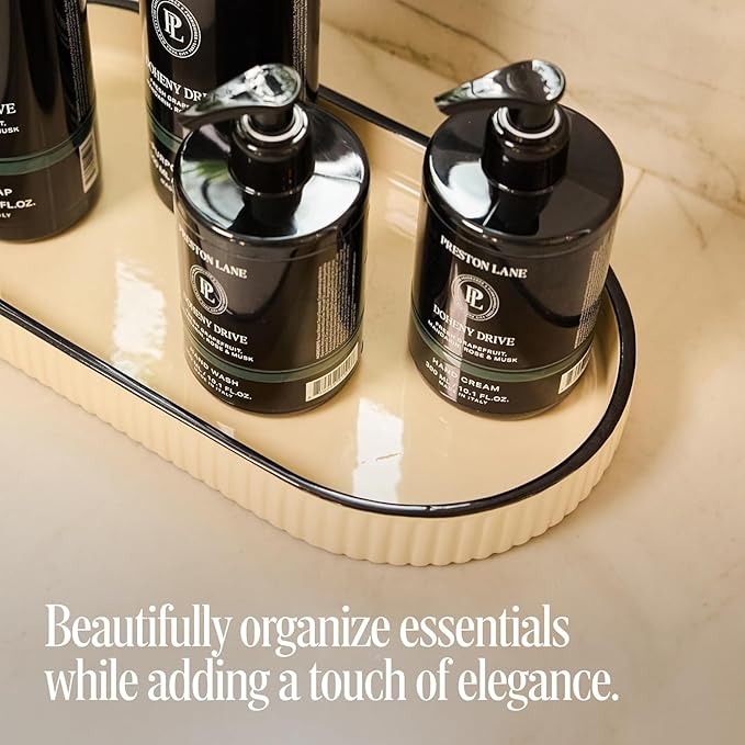 Preston Lane Signature Kitchen Ceramic Tray – Handmade in Portugal with Fluted Edges & Hand-Painted Trim – Decorative Organizer or Home Accent, Large, Alabaster