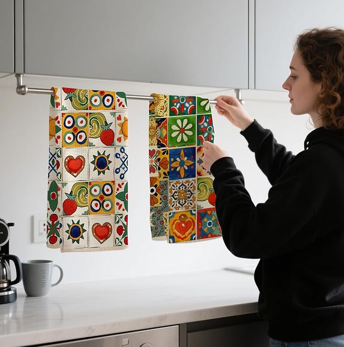 2-Pack Spanish Kitchen Towels, Mediterranean Colorful Tile Pattern Waffle Towels 16x24 Inch, Floral & Fruit Dish Towels Decor for Kitchen, Spanish Inspired Hand Towel for Bathroom Decor.
