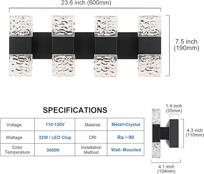 MELUCEE LED Bathroom Vanity Light 32W Crystal Vanity Light Bar 23.6 in Modern Black Bathroom Light Fixtures Crystal Wall Sconce for Bath Powder Room Entryway, 3000K Warm Lighting