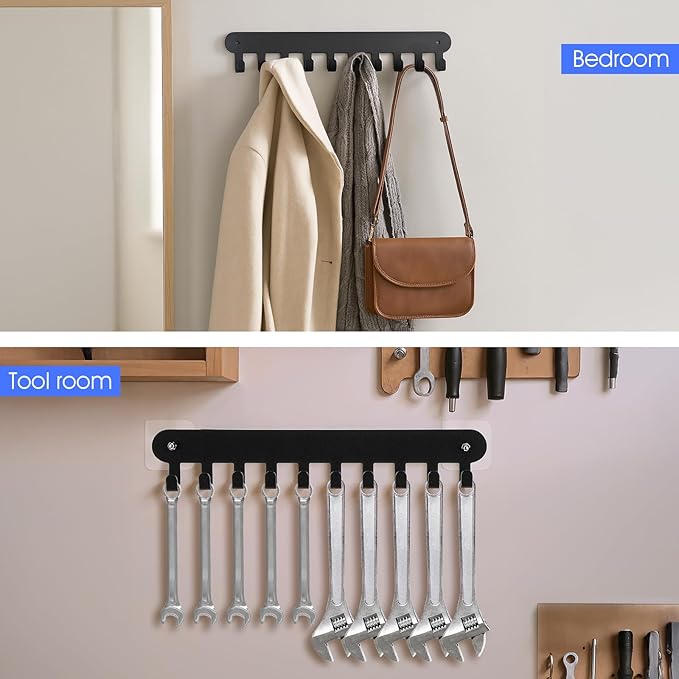 2 Pack Key Holder Wall Mount Adhesive, 10 Hooks for Keys on Wall, No Drill Keys Rack, Black Iron Key Hangers for Living Room, Kitchen, Bathroom, Garage (11.6 x 1.96 Inches)