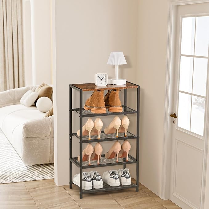 Narrow Shoe Rack for Front Door Entrance, Entryway, and Closet Shoe Organizer with 4 Sturdy Metal Mesh Shelves and Wooden Top, Holds 10 Pairs, Ideal for Storage or Display