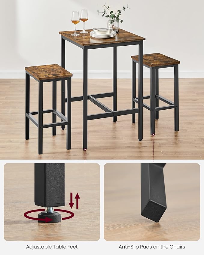 VASAGLE Bar Table and Chairs Set, Square Table with 2 Stools, Dining Pub Set for 2, Space Saving for Kitchen Breakfast, Living Room, Party Room, Rustic Brown and Ink Black
