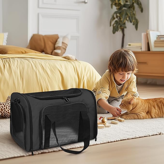 Airline Approved Pet Carrier for Cats & Small Dogs – Soft Sided Travel Bag 17"x11"x11", Portable Collapsible Under Seat Pet Carrier with Mesh Windows & Shoulder Strap, Black